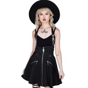 Killstar Pinstripe Lawless Pinafore Skater Dress Goth Harness Straps Cross XS